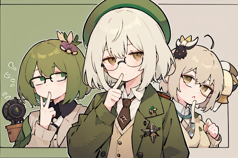 short hair,long ahoge,shirt,White hair,Brown eyes,circle-glasses,Brown tie,brown skirt,dark green beret,Dark green jacket,girl with,steampunkai,sleepeace,retro city background,jitome,fg2h, fingergun,hand to own mouth