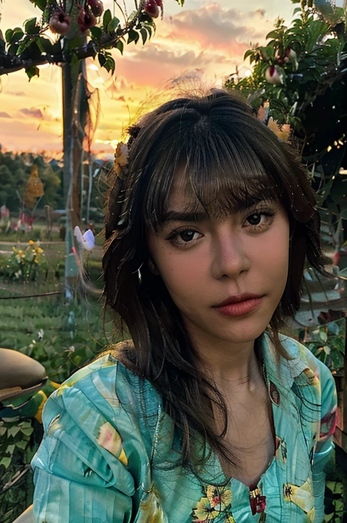 A girl with a beautiful face, looks at the sunset from a blooming apple orchard.