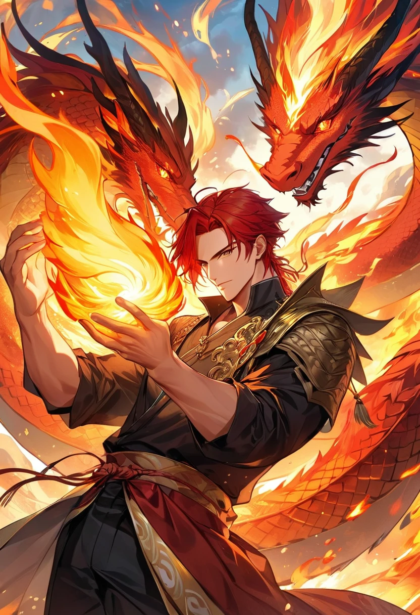 (Best quality,masterpiece),(extremely detailed:1.2),(perfect face:1.3),a handsome man surrounded with an eastern fire dragon,handsome guy in demon slayer art,high quality anime illustration,human and dragon fusion, anime fantasy illustration, anime in fantasy style, (giant fire dragon:1.2), (man with the soul of a dragon),god of dragon,(fire mage),(hands holding fire:1.4),epic anime fantasy, anime fantasy artwork, red hair, mid20s