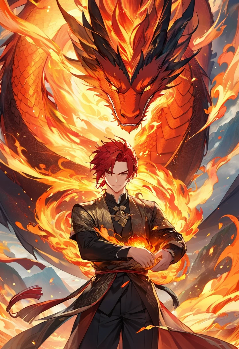 (Best quality,masterpiece),(extremely detailed:1.2),(perfect face:1.3),a handsome man surrounded with an eastern fire dragon,handsome guy in demon slayer art,high quality anime illustration,human and dragon fusion, anime fantasy illustration, anime in fantasy style, (giant fire dragon:1.2), (man with the soul of a dragon),god of dragon,(fire mage),(hands holding fire:1.4),epic anime fantasy, anime fantasy artwork, red hair, mid20s