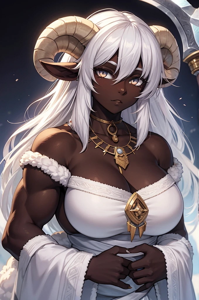 1 sheep woman, sheep's snout, shaman outfit, white hair, sheep horns, dark-skinned female, dark skin, anime art, holding an axe with both hands, muscular female, pointed nails, messy hair, white eyes, perfect eyes, original, (masterpiece), (illustration), (extremely fine and beautiful), perfect detailed, photorealistic, (beautiful and clear background:1.25), (depth of field:0.7)

