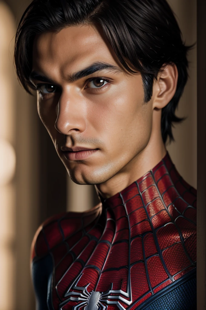 A photograph of Spider-Man., sin mascara, the 20s, elegant, detailed face, looking to the camera, portrait, 8k hd, high quality
