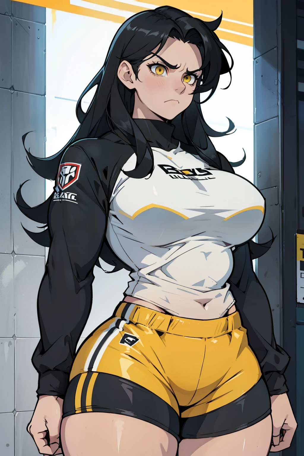 thick thighs wide  muscular toned body massive  athletic girl black hair yellow eyes pale skin massive hair sad frown disappointed expressionless long sleeve tight shirt tight shorts