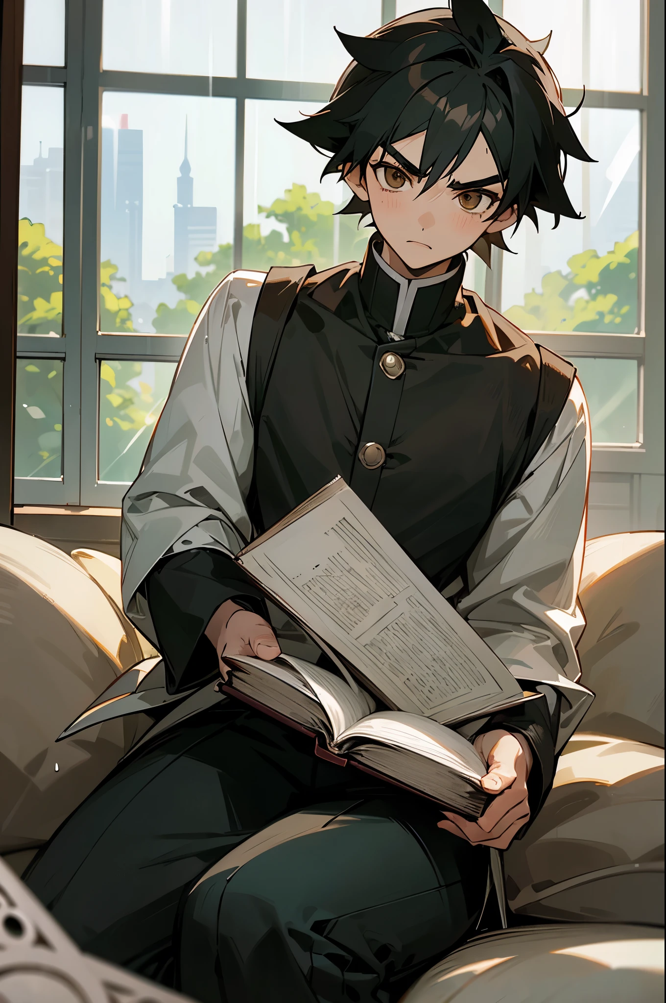 16 year old boy. neat, thick, short, black hair. Almond brown eyes. good jawline. diamond face. straight cut eyebrows. reading a book and sitting. sitting by the window and it's raining outside. anime demon slayer style.