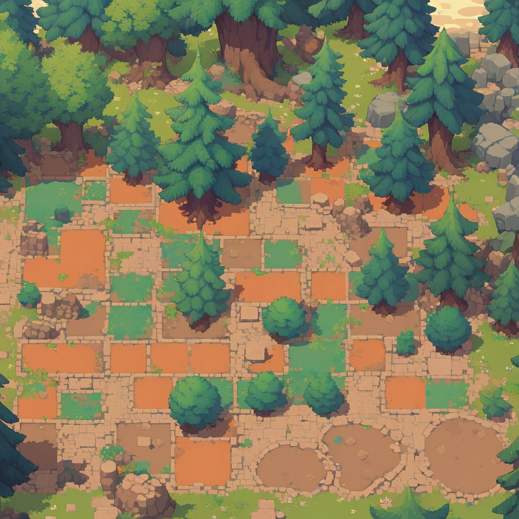 retro video game style,pixelated, vibrant pastel colors,8-bit characters,blocky shapes,sharp lines,detailed shading,classic gaming vibe,nostalgic atmosphere,classic arcade games,masterpiece:1.2,ultra-detailed,illustration style, 2d texture, clay texture, stone texture, 4 k seamless mud texture, video game texture, dirt texture, tileset, game tiles, clay material, flat texture, grass, trees, rock texture, rocky ground, forest, topdown view, game texture, game art, ground very detailed, dirt, floor texture, tileable texture, flowers, bushes, shrubs, intricate ground stone, top down view, 3/4th perspective