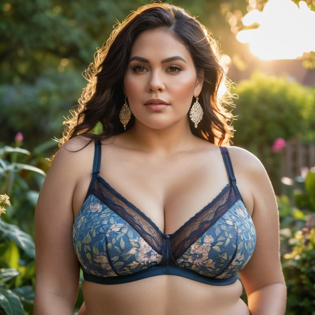 (upper body) (plus size:1.1) woman earrings wearing (loose cheap bralette:1.5), (:1.3), (large :1.2), (sagging :1.6), (ultra detailed skin:1.1), extremely detailed, garden with morning light scenery, warm lighting, canon lens, shot on dslr, 64 megapixels, sharp focus, (photorealistic:1.3)
