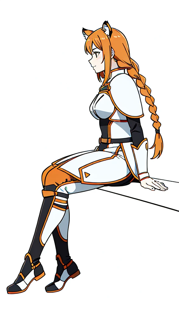 (1girl,20 years old,mature female,solo),tiger ears,long hair,(twin braids),orange hair,white knight armor,(white background,line drawing),black pantyhoses,happy,from side, sitting,full body,