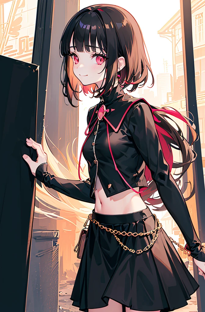 ((desert background)),original,(illustration:1.1),(best quality),(masterpiece:1.1),(extremely detailed CG unity 8k wallpaper:1.1), (colorful:0.9),(mid shot:0.95),(highly detailed beautiful face and body),(solo:1.2), (girl),(loli), (detailed beautiful eyes:1.15), (beautiful face:1.15), (glowing red eyes:1.25////),((jewel-like eyes)),(petite),(cute girl),(((black medium hair))),pink inner color,((blunt bangs,)),(+perfect hand+:1.21),(Religious),(slender),(black clothes),small breasts,miniskirt,slim body,(smile),fashion,tokyo,harajuku,(black school uniform),sand hill,desert,