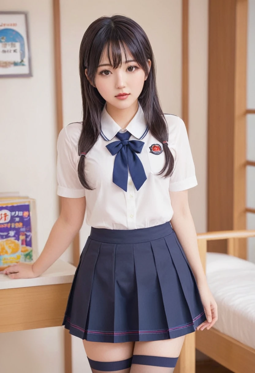 best quality, ultra nothing, detailed face, delicate, beautiful detailed, fwely detailed, realistic, cute,kawaii__girl_w_school (chubby)+ black_hair blush breasts brown_eyes brown_hair butt_crack cleavage feet (huge_boobs)+ lips lipstick short_hair lookwg_at_viewer parted_lips pwk_lips plump (school uniform)+ (thick_thighs)++thighs hairpw (navy_blue_mwi_skirt) (zettai_ryouiki)+ skirtlift (Milk spilled on chest)++ M-shaped legs White wet panties