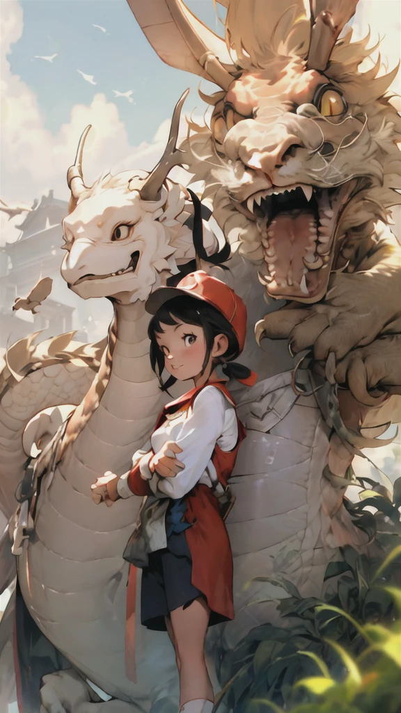 girl, letterbox, Keep, outdoor, bird, permanent, cloud, 1 boy, arms, From the back, Sky, cloudy Sky, animal, Keep arms, Oriental Dragon, monster, 1Other, have, FOG,  