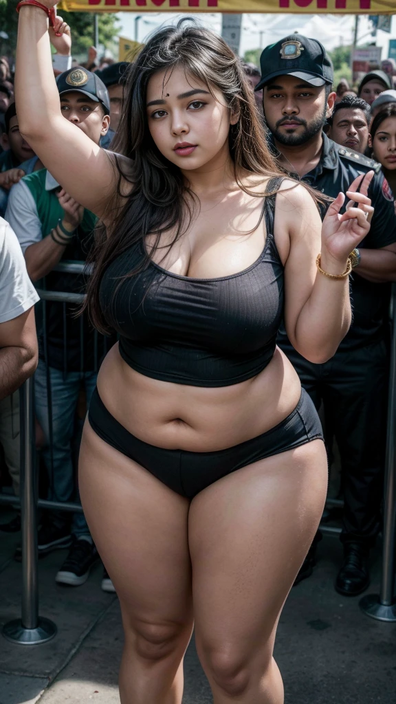 Thick , Curvy,fair beautiful cute, innocent indian girl in black underwear hugged by male crowd , male crowd in the background, jail, thick thighs, round navel showing , in a jail , plumb, erotic , full body shoy