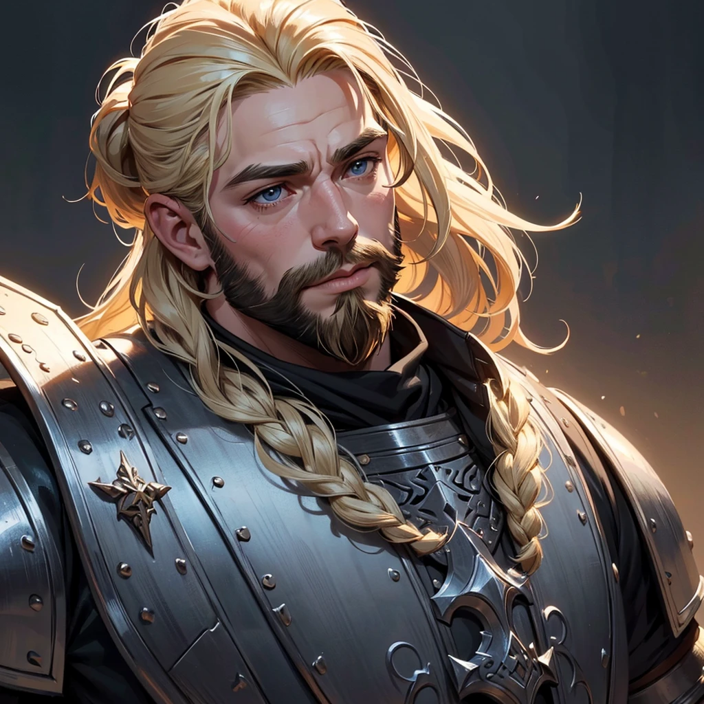 Highly detailed portrait of a male dwarf warrior, dwarf paladin, charismatic and handsome face, face inspiring kindness, soft face, flowing half ponytail blonde hair and blonde beard, muscular build, wearing heavy white dragon scale armour, epic fantasy scene, dramatic lighting, intricate armour details