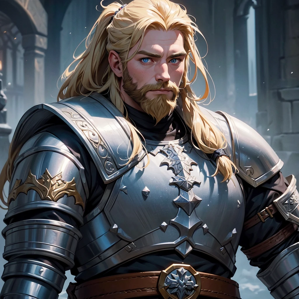 Highly detailed portrait of a male dwarf warrior, dwarf paladin, charismatic and handsome face, face inspiring kindness, soft face, flowing half ponytail blonde hair and blonde beard, muscular build, wearing heavy white dragon scale armour, epic fantasy scene, dramatic lighting, intricate armour details