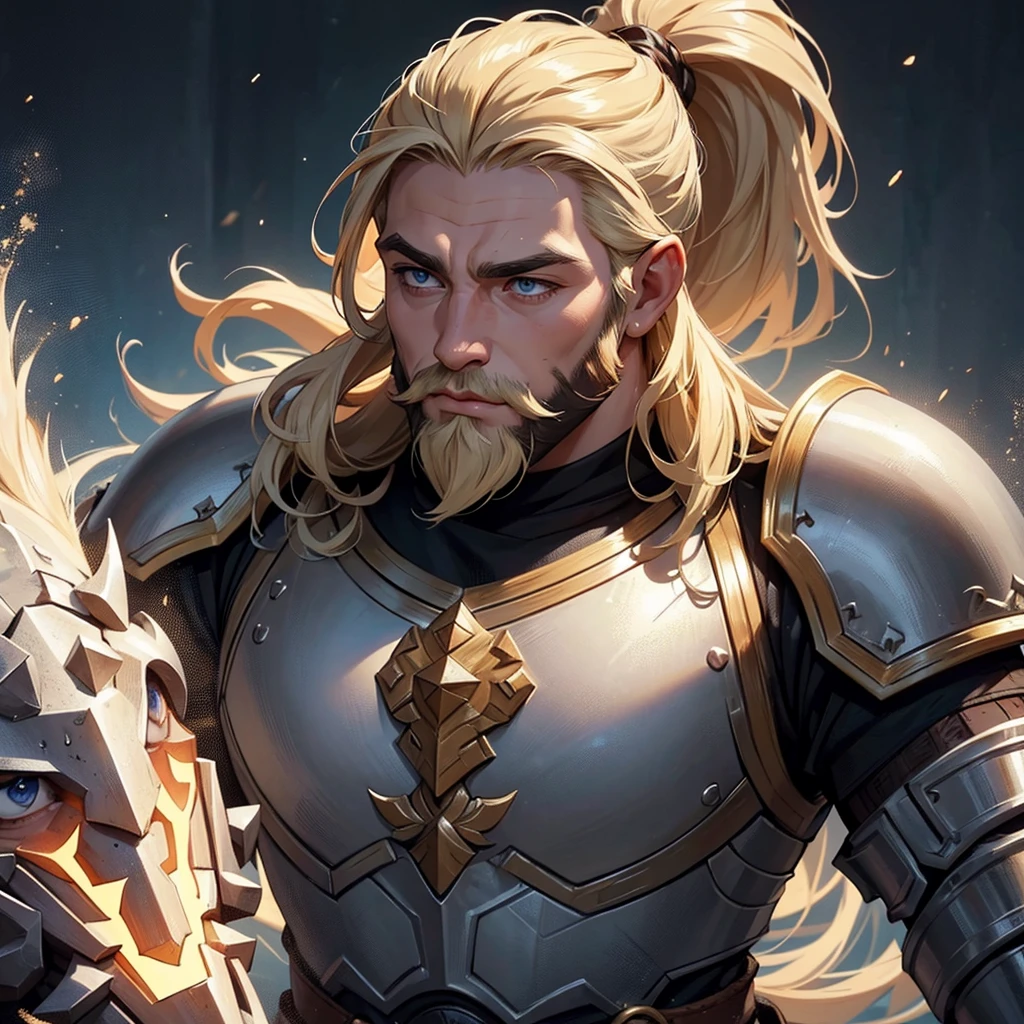 Highly detailed portrait of a male dwarf warrior, dwarf paladin, charismatic and handsome face, face inspiring kindness, soft face, flowing half ponytail blonde hair and blonde beard, muscular build, wearing heavy white dragon scale armour, epic fantasy scene, dramatic lighting, intricate armour details