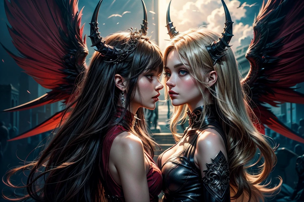 There is a beach there stand female , she have beatiful face and different eyes colour right red left is blue, with  dark make up, her right half of her hair is crimson red and left half is blond, she have demonic horn on right side of her head, also she have wings on her back, right wing is demonic and left angelic wing, she dressed in dres which is black  right side and white half on left part of a dress, (ultra high quality fantasy art, dark fantasy style, masterpiece, ultra high quality character design, 8k quality anime art, realistic anime art, top quality wallpaper illustration, detailed ultra high quality accurate face, high quality design and accurate physic)