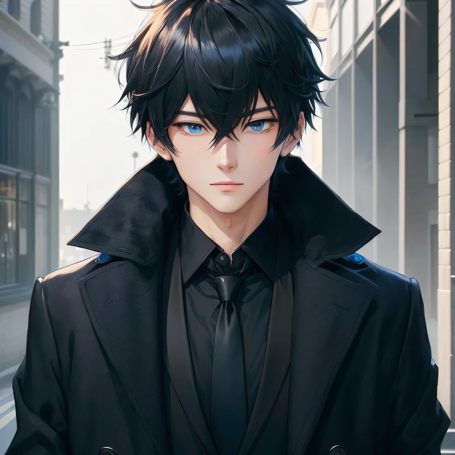 anime guy in black coat and tie standing on a city street, tall anime guy with blue eyes, inspired by Okumura Masanobu, anime handsome man, male anime character, anime portrait of a handsome man, inspired by Okumura Togyu, cute anime pose, male anime style, young anime man, trigger anime art style, anime moe art style