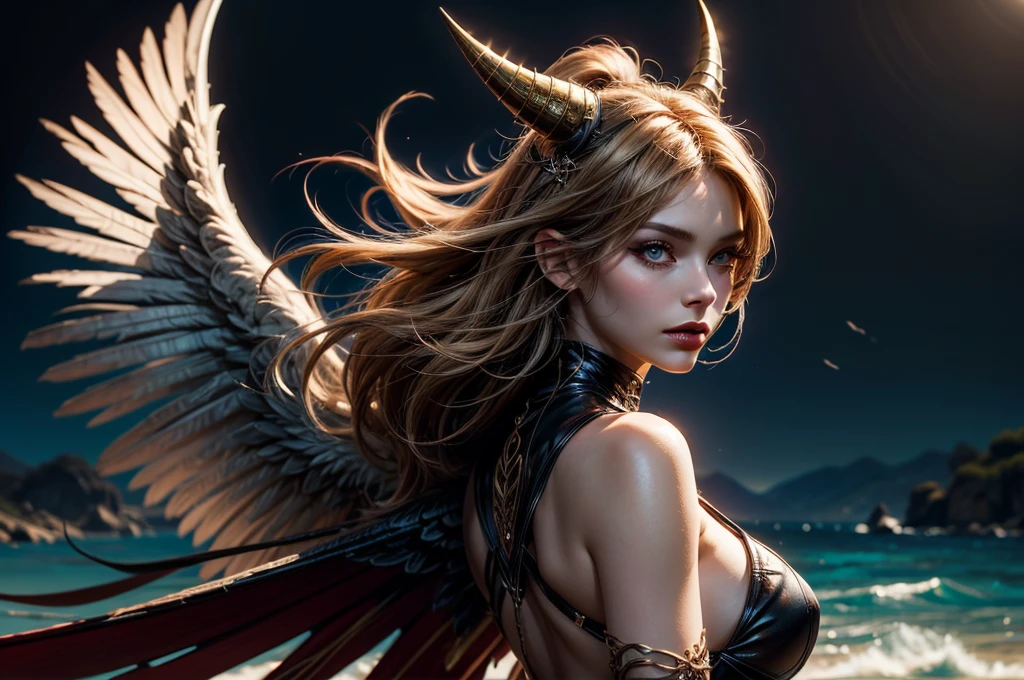 There is a beach there stand female , she have beatiful face and different eyes colour right red left is blue, with sexy dark make up, her right half of her hair is crimson red and left half is blond, she have demonic horn on right side of her head, also she have wings on her back, right wing is demonic and left angelic wing, she dressed in dres which is black sexy right side and white half on left part of a dress, (ultra high quality fantasy art, dark fantasy style, masterpiece, ultra high quality character design, 8k quality anime art, realistic anime art, top quality wallpaper illustration, detailed ultra high quality accurate face, high quality design and accurate physic)