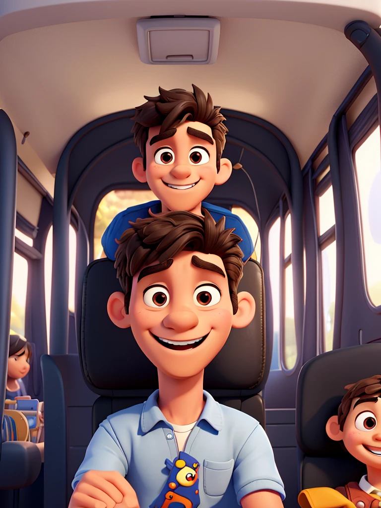 Create disney style illustration of man driving a small school bus, happy man with perfect teeth and somewhat muscular but slim in casual clothes, straight hairstyle black hair. Add birthday balloons. Make a Disney Pixar style illustration. The man must drive the small bus as a driver . Add happy children behind the bus. Add a movie title that says “happy birthday uncle king”
