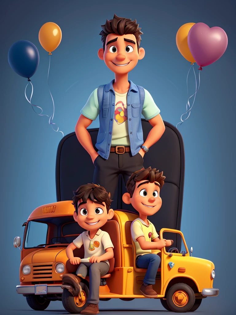 Create disney style illustration of man driving a small school bus, happy man with perfect teeth and somewhat muscular but slim in casual clothes, straight hairstyle black hair. Add birthday balloons. Make a Disney Pixar style illustration. The man must drive the small bus as a driver . Add happy children behind the bus. Add a movie title that says “happy birthday uncle king”