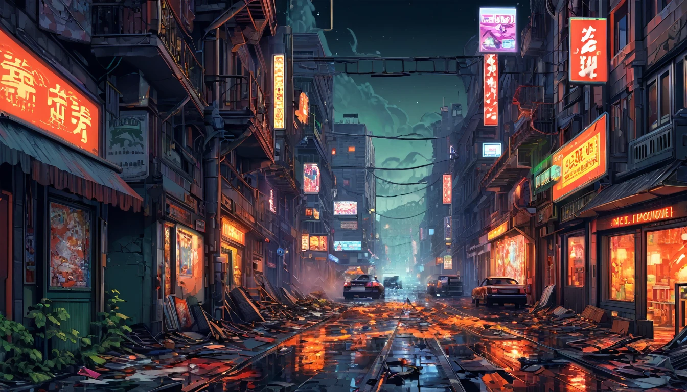 The city street at night was a chaotic mess, with people running in fear amidst blazing shops and erratic cars. Neon lights flickered ominously, casting eerie shadows on the frantic scene unfolding below. Sirens wailed in the distance, their urgent cries echoing through the narrow alleys as emergency responders battled to navigate through the pandemonium. The air was thick with the scent of smoke and fear, creating a surreal atmosphere that underscored the desperate chaos gripping the once serene urban landscape, Landscape, Pixel Art, HDR, High Detailed.