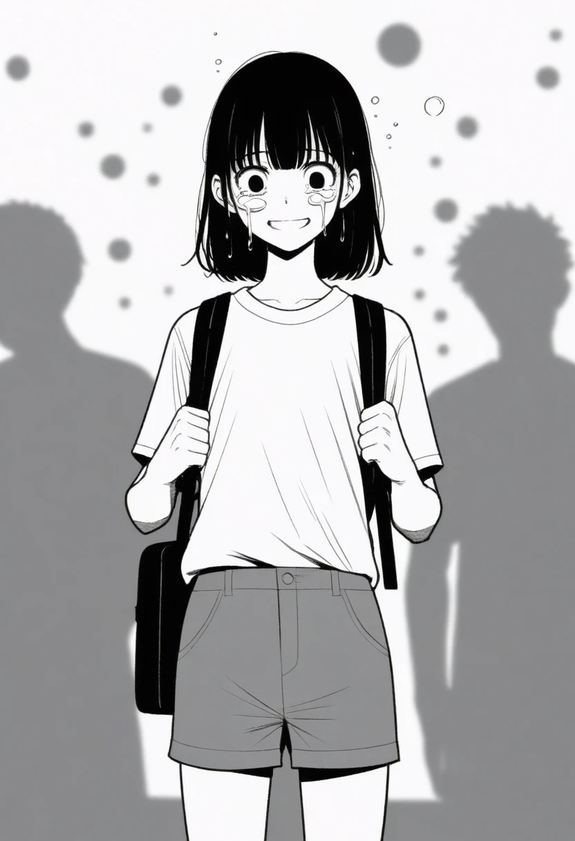 masterpiece, best quality, 1girl, mamerakkkkko, grayscale, manga style, japanese, chi no wadachi, black eyes, street, iced, black hair, schoolbag, smile, lineart, white background, white shirt, grey shorts, centered, 18 years old, tall, fair skinned, bokeh background, crying, tears, straight-on, tears streaming
