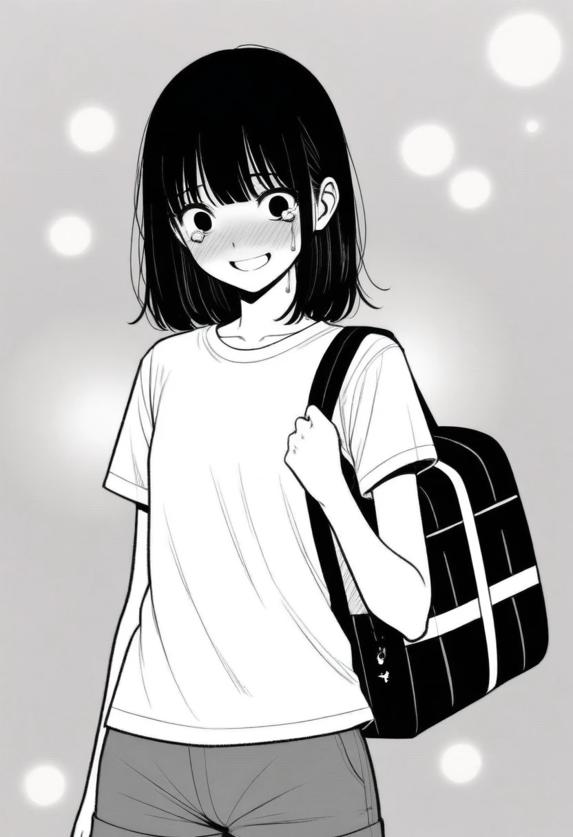 masterpiece, best quality, 1girl, mamerakkkkko, grayscale, manga style, japanese, chi no wadachi, black eyes, street, iced, black hair, schoolbag, smile, lineart, white background, white shirt, grey shorts, centered, 18 years old, tall, fair skinned, bokeh background, crying, tears, straight-on, tears streaming