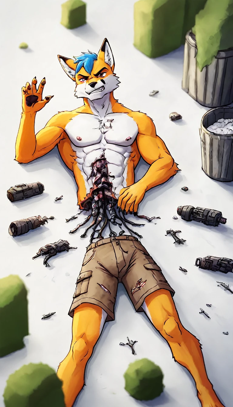 score_9, score_8_up, score_7_up, score_6_up BREAK furry, anthro, source furry, uploaded on e621 BREAK barcode tattoos, (robot, android, mechabare:1.6, severed limbs, severed arms,, severed body, severed belly, destroyed belly, , amputee, dismembered, dismemberment, broken, damaged, heavily damaged, destroyed), solo, male, adult, extremely muscular, muscle, fox, yellow fur, white  fur, short messy dark blue hair, detailed eyes, hard , cargo shorts, component, mechanical parts, mechanical component, lying, lying on the ground, leaning back to box, pile of trash, in the trash dumping ground, trash dumping ground background, angry expression, looking away, BREAK good quality, best quality, high quality, high definition, hd, 4k, 8k, masterpiece, intricate, extremely intricate, intricate details