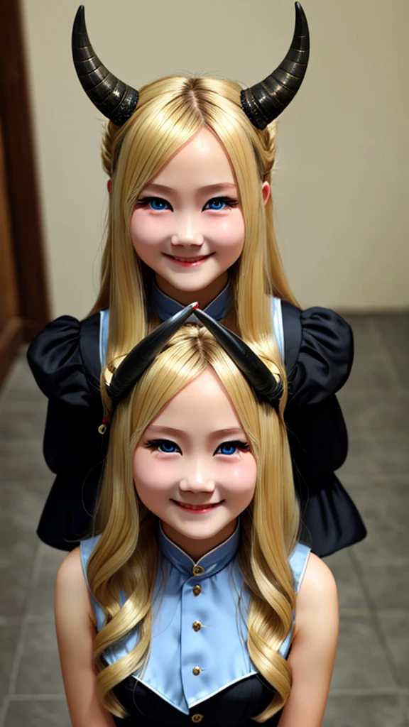 Real、 Looks real、 devil、A long horn grows from its forehead、 A beautiful blonde-haired, blue-eyed woman in her twenties、  Wearing a black blue dress、Full Body、Smile eerily、8K