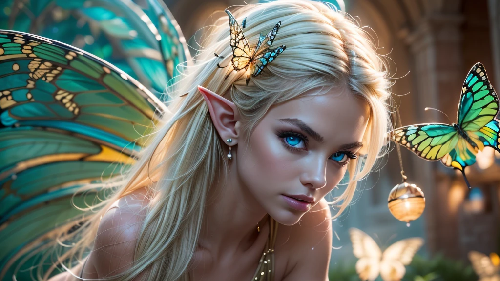Beautiful, Amazing face and eyes, makeup, (extremely detailed beautiful face), Blonde, (sexiest look), (Beautiful breasts:1.3), (Best Quality:1.4), (Ultra-detailed), (extremely detailed CG unified 8k wallpaper), Highly detailed, RAW Photos, Professional Photography, (silk see through lace:1.3), full body, sitting, (Spread your legs), (:1.4), plein air, Illumination, (Super fancy photos:1.4), (Dazzling light), Radiant Photography, depth of fields, (Glowing blue eyes), (realistic elf ear), (castle, fantasy setting), ((orbs)), massive butterfly wings, flowing butterfly wings,