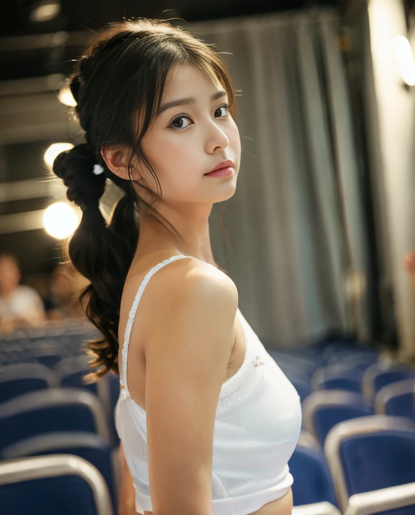 (shot from the side, facing the audience, full body). bokeh effect. Masterpiece realistic. adorable. ((2 young girl)), . Round bif breast, voluptuous. mini bra, random color. hair Scrunchie. In the bed. Pose Hands are on bra cup. Realistic sweaty, sweaty body, sweaty breasts, sweaty face, sweaty face, (sweat details). Ultra high res.photorealistic:.1.4,UHD