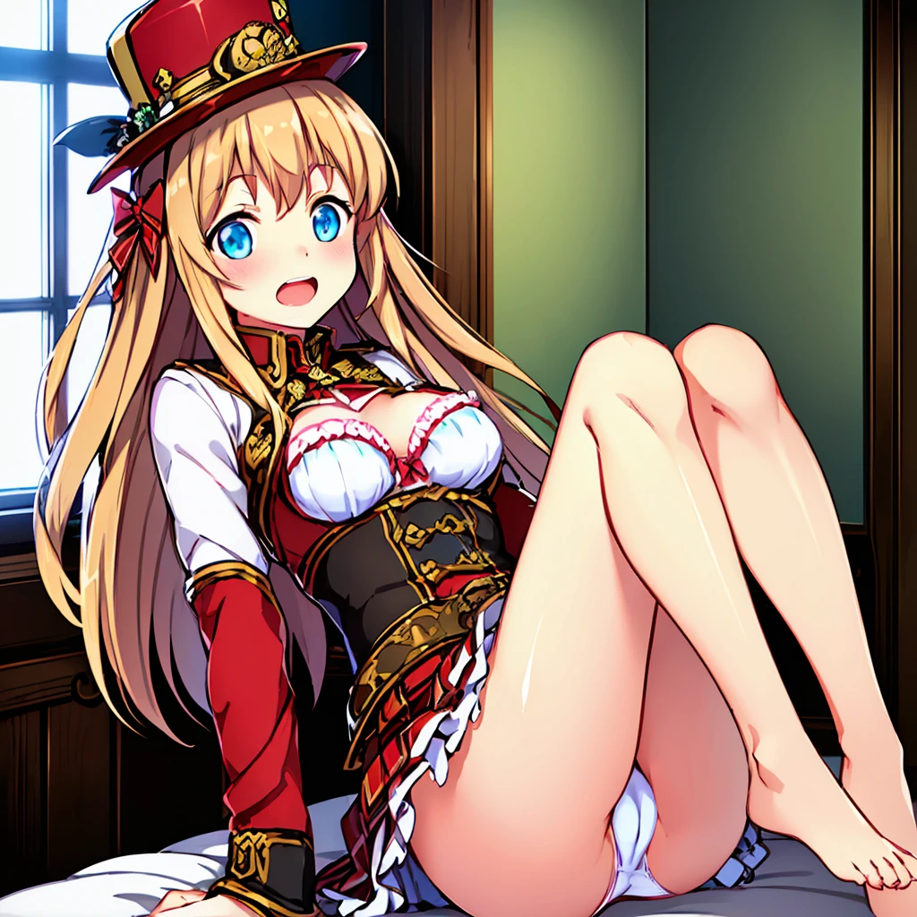 1girl, solo, 
((8k, RAW photo, highest quality, masterpiece), High detail RAW color photo professional close-up photo, (realistic, photo realism:1. 37), (highest quality), (best shadow), (best illustration), very detailed face, Masterpiece, best quality, yukka uniform, Yukka Ende, (blush, embarrassed), red dirndle, red silk hat, woody bedroom, window, blue sky, daylight, red small hair bows, blue eyes, red skirt, realistic white , crotch seam, Cameltoe, open mouth, sitting on bed, loli, k up, hugging legs