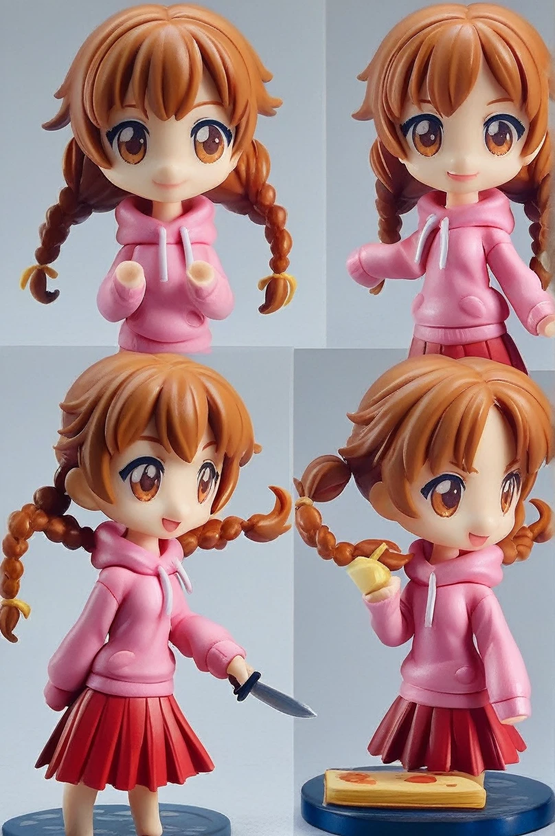 (pvc figure style:1.4), figure,score_9, score_8_up, score_7_up, score_6_up, score_5_up, score_4_up, source_anime, madotsuki, braid, hair over shoulder, long hair, twin braids, twintails, brown hair, brown eyes, long sleeves, pink sweater, pleated skirt, red skirt, skirt, sleeves past wrists, sweater, holding kitchen knife, wide shot, solo, ager, figure, (best quality, masterpiece), traditional media, basic background, blurry background, cowboy shoot:1.3, (foggy background, inside, clear room, on table:1.2), chibi, kawaii, cute, nendoroid, character sheet, conceptart, conceptart