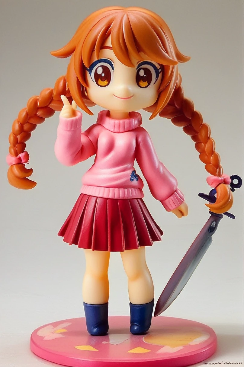 (pvc figure style:1.4), figure,score_9, score_8_up, score_7_up, score_6_up, score_5_up, score_4_up, source_anime, madotsuki, braid, hair over shoulder, long hair, twin braids, twintails, brown hair, brown eyes, long sleeves, pink sweater, pleated skirt, red skirt, skirt, sleeves past wrists, sweater, holding kitchen knife, wide shot, solo, ager, figure, (best quality, masterpiece), traditional media, basic background, blurry background, cowboy shoot:1.3, (foggy background, inside, clear room, on table:1.2), chibi, kawaii, cute, nendoroid, character sheet, conceptart, conceptart