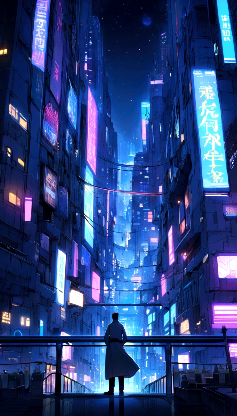 night、Bright blue neon lights、Cyberpunk、A tall building with many windows, Big cities in 1000 years、A few men、Long bridge connecting buildings