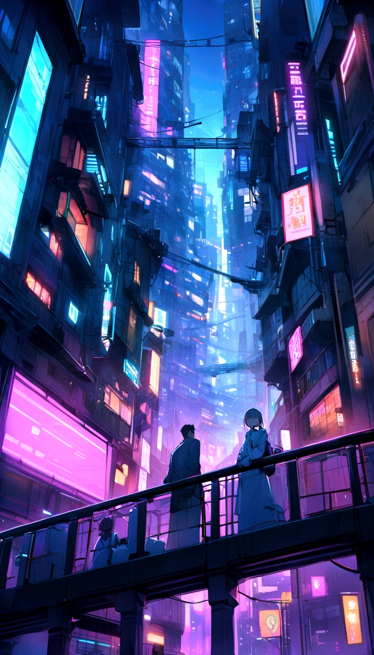 night、Bright blue neon lights、Cyberpunk、A tall building with many windows,　Big cities in 1000 years、A few men、Long bridge connecting buildings