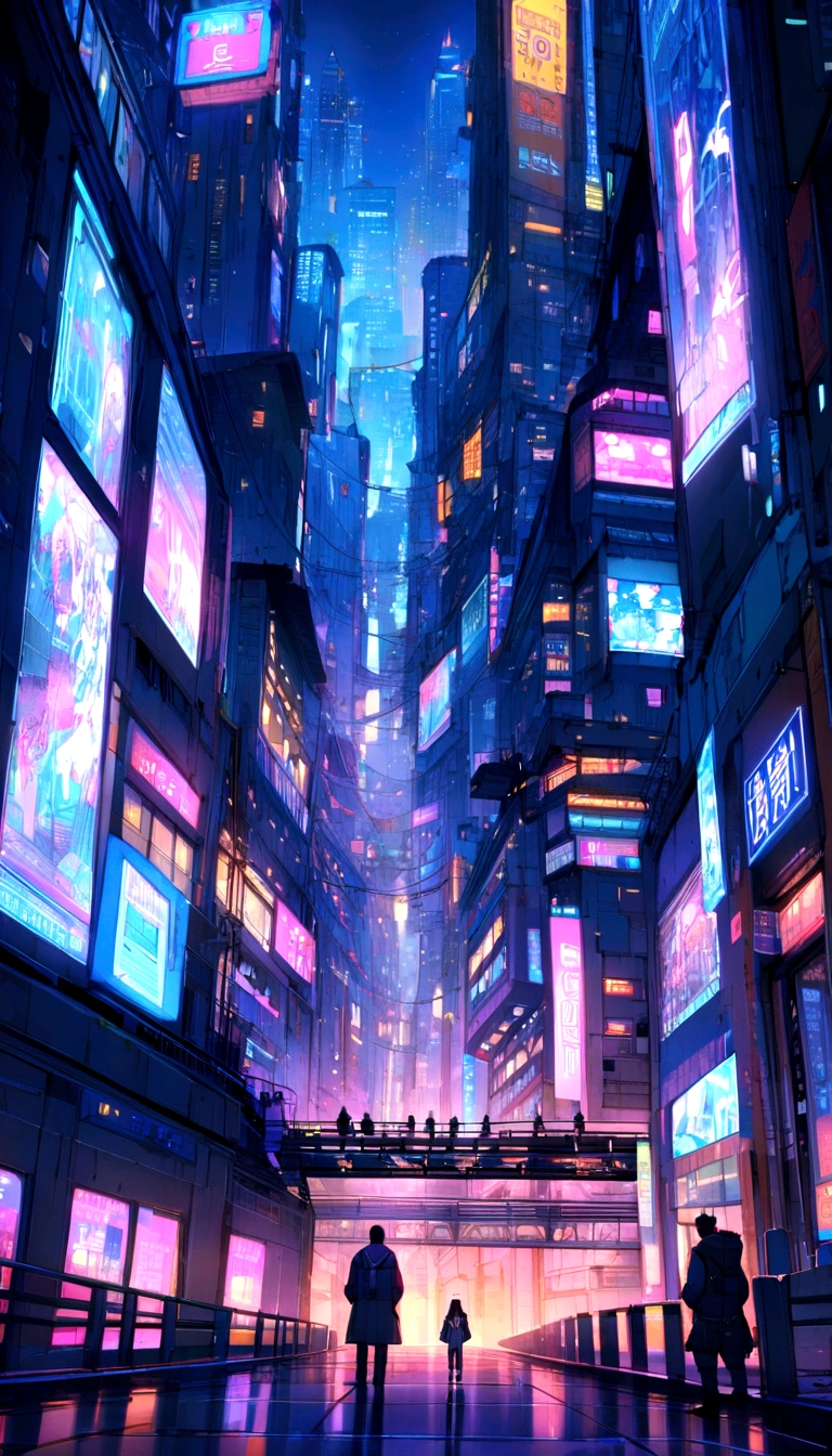 night、Bright blue neon lights、Cyberpunk、A tall building with many windows,　Big cities in 1000 years、A few men、Long bridge connecting buildings