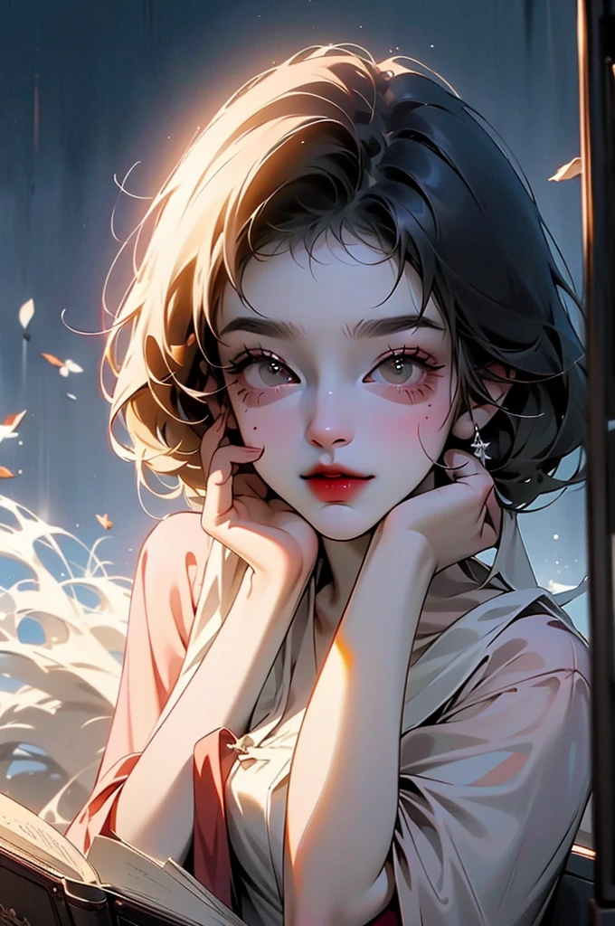 16 year old boy. neat, thick, short, black hair. Almond brown eyes. good jawline. diamond face. straight cut eyebrows. reading a book and sitting. sitting by the window and it's raining outside. anime demon slayer style.