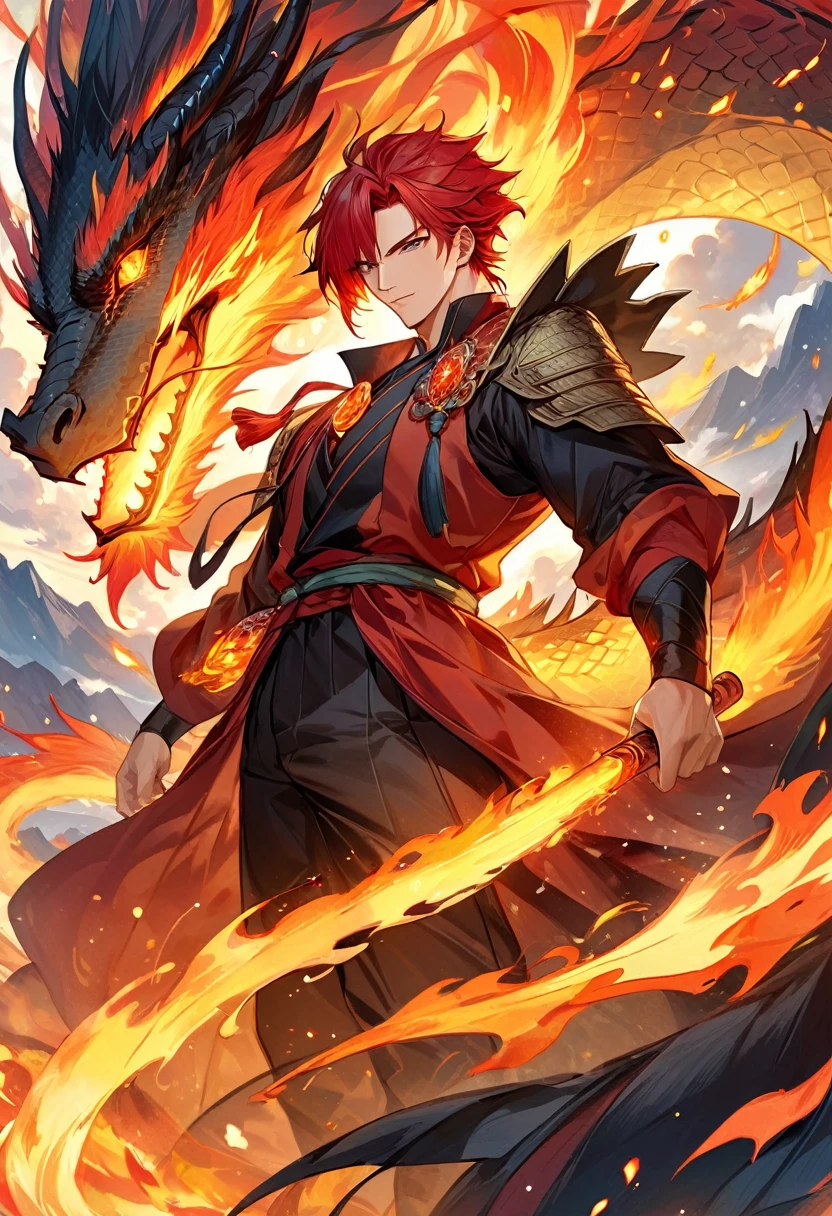 (Best quality,masterpiece),(extremely detailed:1.2),(perfect face:1.3),a handsome man surrounded with an eastern fire dragon,handsome guy in demon slayer art,high quality anime illustration,human and dragon fusion, anime fantasy illustration, anime in fantasy style, (giant fire dragon:1.2), (man with the soul of a dragon),god of dragon,(fire mage), epic anime fantasy, anime fantasy artwork, red hair, mid20s