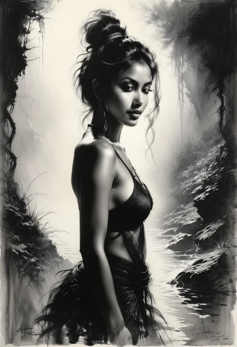 beautiful sunny dream, tousled bun of hair, tribal jewelry, slight smile, long legs and big hips, play of shadows, light, fog, moody, mysterious, shiny hair, earthy, bright, cinematic, film light, hyper-detailed, hyper-realistic, masterpiece, atmospheric , high resolution, bright, high contrast, dark corner, She invites the viewer to immerse herself in the contemplation of beauty and reflect on the eternal truths of existence, in the style of Bernie Wrightson, Anders Zorn, Alexi Brilo, Luis Royo, extremely detailed, dark, charcoal drawing, black pencil drawing,women,oil paint