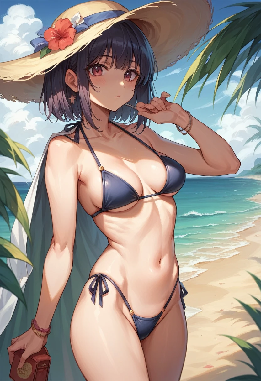 (masterpiece, best quality:1.2), (1girl, solo), (High quality:1.4), (High detailed:1.2), Sakimi-chan, a european girl with 18 years old, (thong sexy bikini), ((medium breasts)), (beach scene),