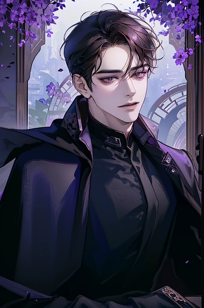 Masterpiece, Best Quality, realist, 1 man, mature male, calm and charming young man, 35 years, a smile, Closed mouth, portrait, extremely detailed face, a little distant, ((purple eyes), ((short dark brown hair swept to the right)), [thick eyebrows], dark palace, ((long black cape)), (devil), ((all black)), Handsome man