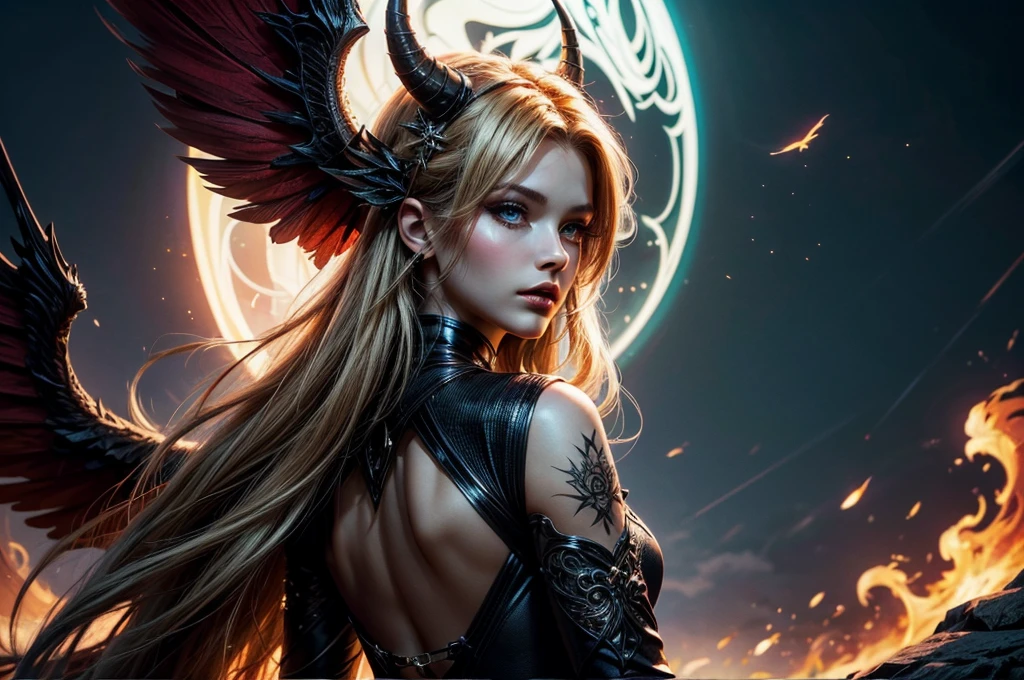 There is a beach there stand female , she have beatiful face and different eyes colour right red left is blue, with sexy dark make up, her right half of her hair is crimson red and left half is blond, she have demonic horn on right side of her head, also she have wings on her back, right wing is demonic and left angelic wing, she dressed in dres which is black sexy right side and white half on left part of a dress, (ultra high quality fantasy art, dark fantasy style, masterpiece, ultra high quality character design, 8k quality anime art, realistic anime art, top quality wallpaper illustration, detailed ultra high quality accurate face, high quality design and accurate physic)