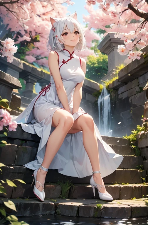 adult japanese catgirl, white cat tail, breathtaking cherry tree forest, falling cherry petal, ((white elegant sleeveless long cheongsam dress)), smooth and beautiful legs, ((brown eye color)), (medium short length hair flowing in the wind), ((white hair), ((white high heeled pumps shoes)), beautiful nature, Atlantis ruins, small water spring with small waterfall, (((high quality()), extremely detailed, (bokeh), dof, (knees together), large breasts, sitting in front of a cherry tree, elegant ancient stone structure, leaning forward,(arms and hands between knees),(tiptoeing), side swept hair bangs, looking at viewer, (((solo))), realistic body anatomy, (white cat ears), evening golden sun backlight, (double horizontal face markings), hair braid, bangs, smiling