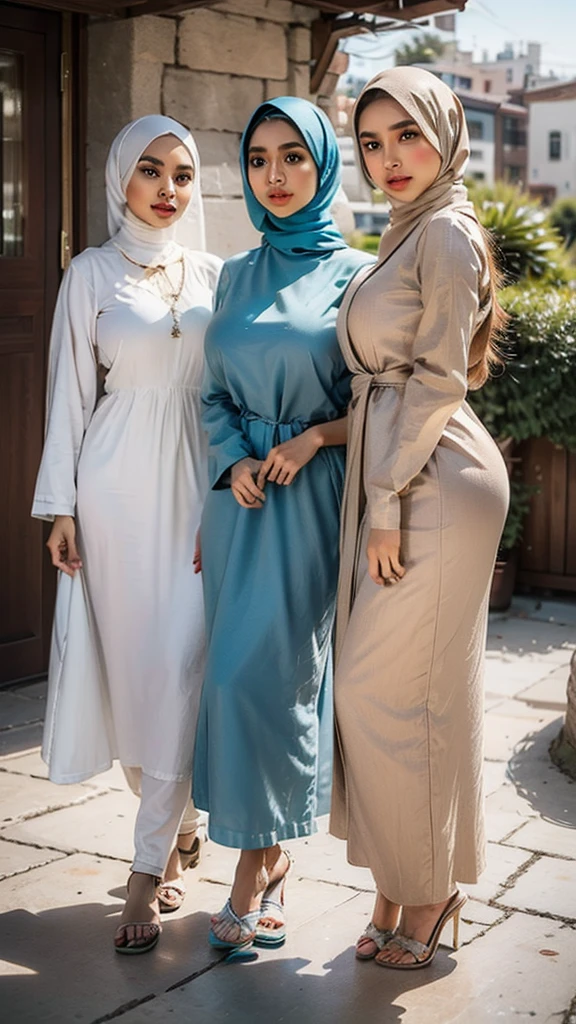 a group of 3 beautiful hijab-wearing muslim girls walking together, extremely detailed, beautiful detailed eyes, beautiful detailed lips, long eyelashes, intricate hijab designs, natural lighting, vibrant colors, detailed fabric textures, cinematic composition, 8k, photorealistic, masterpiece