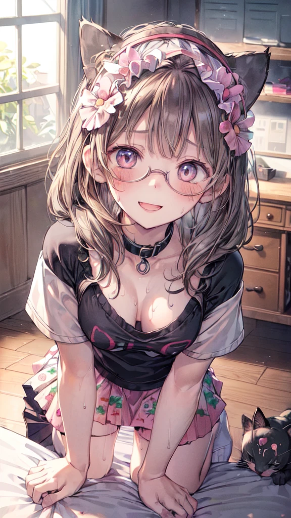 (Ultra-high resolution of the highest quality, masutepiece, Best Quality, 8K, Super Detail, Best Quality:1.3), (Anatomically correct:1.2), (1 girl:1.2), (junior high school student:1.6), (middle breasts:1.2), (drooping eyes:1.3), (blush cheek, blush body:1.3), (wavy hair, braid hair:1.2), (long hair:1.2), (black hair:1.2), (cat ear band:1.4), (glasses:1.3), (collar:1.3), (printed t-shirt, skirt:1.6), (girl's own room:1.4), front view, Extremely cute, (extremely detailed beautiful face), Authentic skin texture, beautiful hair, beautiful face, beautiful eyes, beautiful body, beautiful hands, (sexual aroused, naughty face, seductive smile, trance, orgasm:1.8), (steam:1.4), (sweat:1.6), (hair over eyes:1.3), (looking up:1.3), (open mouth:1.4), (face focus:1.6), cleavage breasts focus, (from above:1.4), (all fours:1.6)