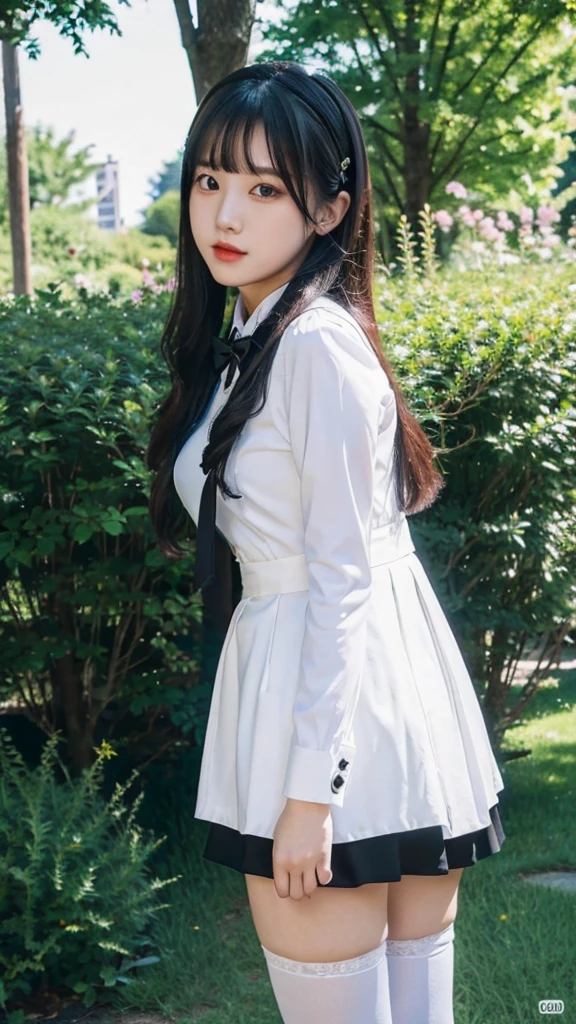 masterpiece,best quality,extremely detailed 8K wallpaper,1girl,black dress,white thighhighs,pov,looking at viewer,standing,upper body,outdoors,