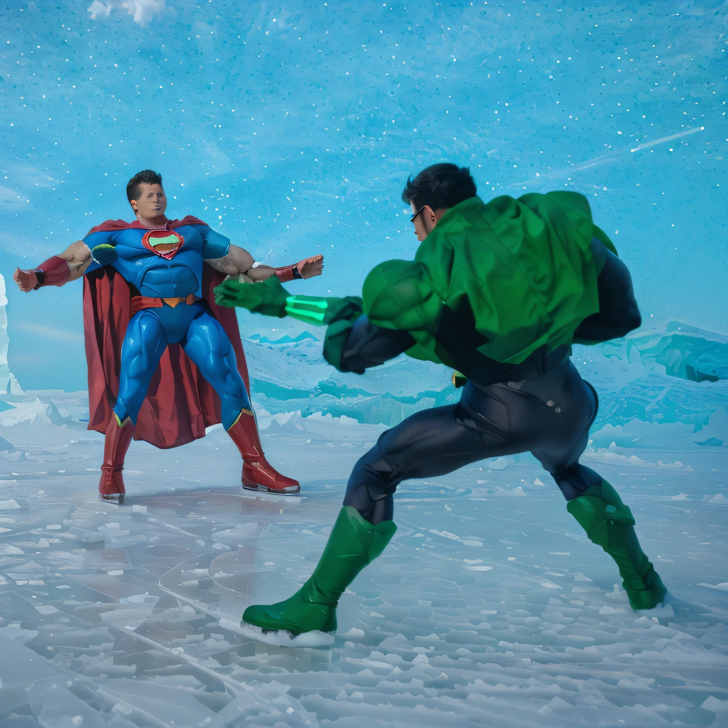 Super Man versus Green Lantern in an ice setting with a blue sky in the background.