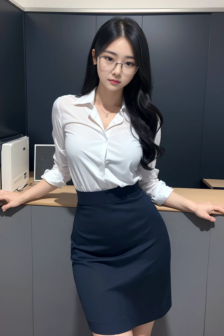 （Highest quality、In 8K、Masseter region、Delicate illustrations、Ezvian everywhere）,Sexy and beautiful Japanese office lady、Navy Blue Office Lady Suit（Knee-length skirt type）、vertically curled black hair、Glasses、Change clothes in the changing room、height: 160cm、A woman weighing 60 kg
