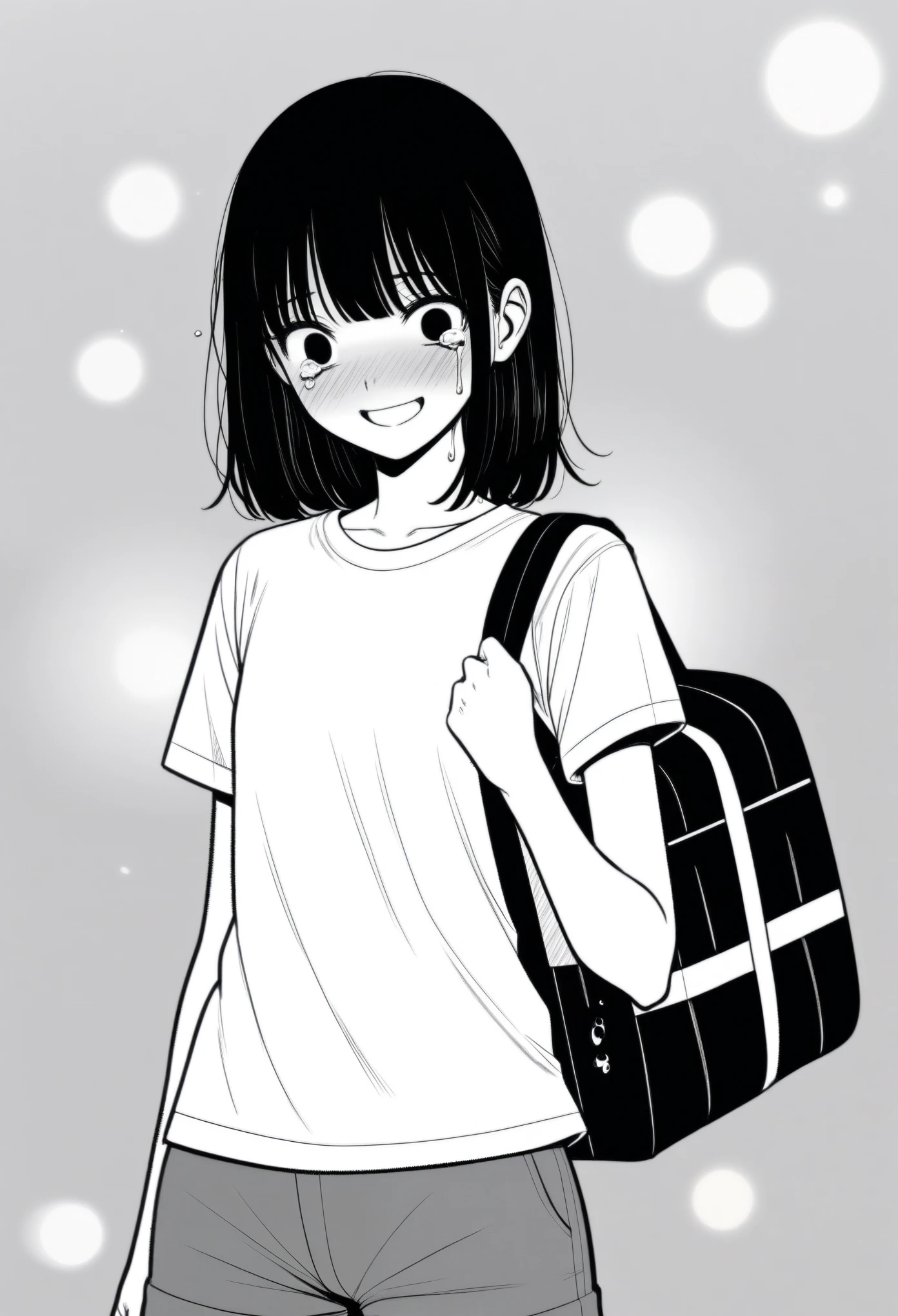 masterpiece, best quality, 1girl, mamerakkkkko, grayscale, manga style, japanese, chi no wadachi, black eyes, street, iced, black hair, schoolbag, smile, lineart, white background, white shirt, grey shorts, centered, 18 years old, tall, fair skinned, bokeh background, crying, tears, straight-on, tears streaming