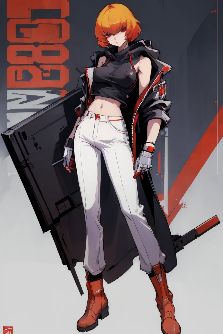 ((Highest quality)), ((masterpiece)), (be familiar with),Clementine,Overload,Red eyes,Sleeveless hoodie,Black Shirt,White pants,Alluring,whole body,boots,coat,Erect nipples, cyber punk,sf